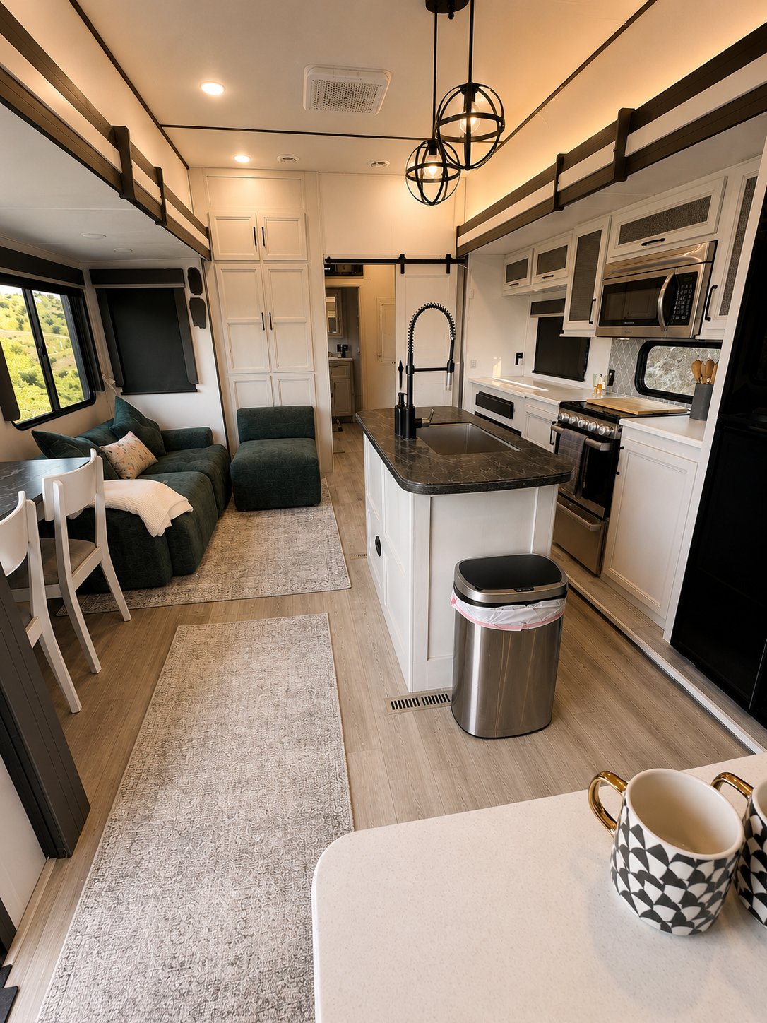 Full view of the kitchen, island, dining table, and living room