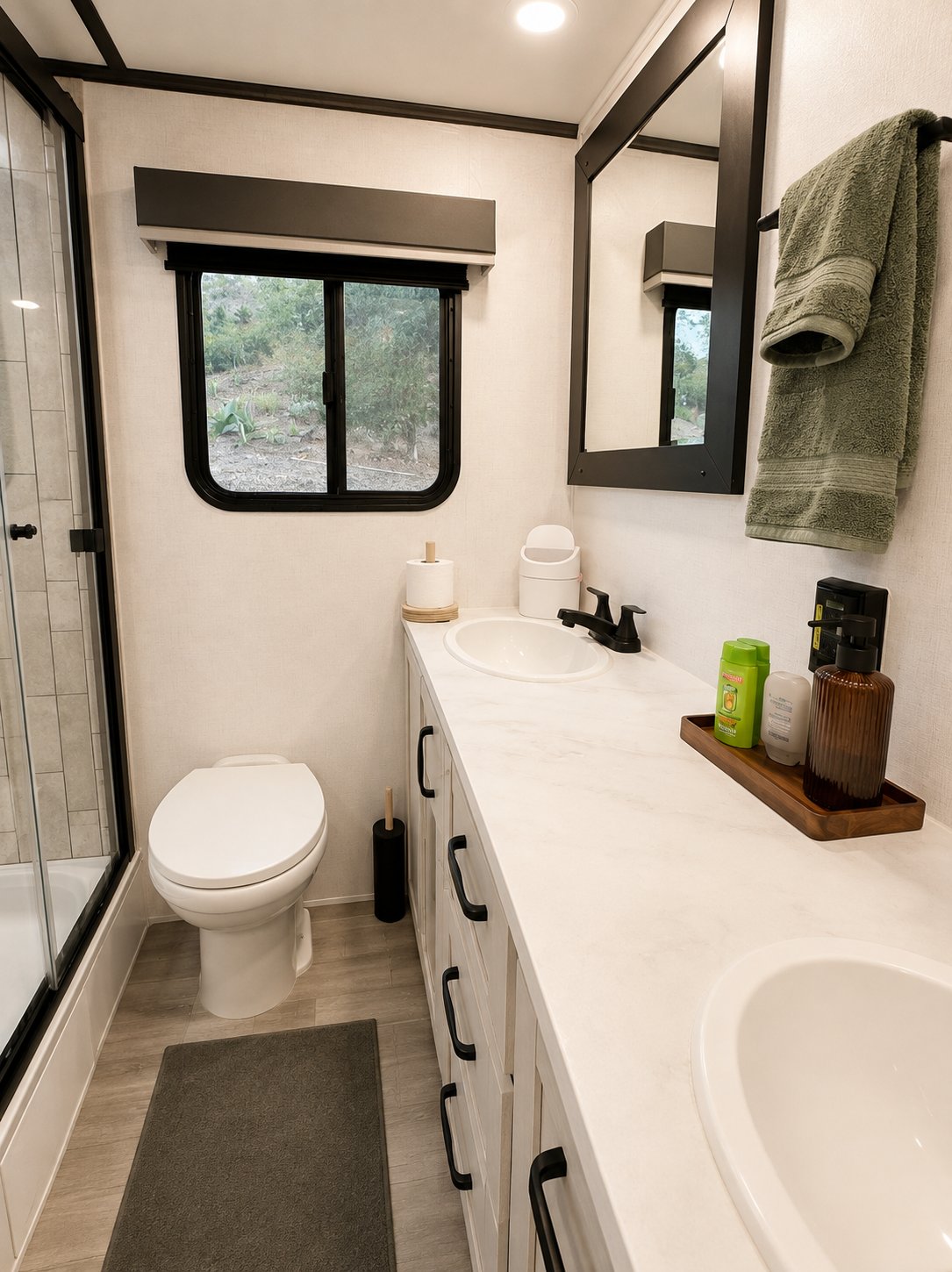 Master bathroom with dual vanity and marble-look countertop